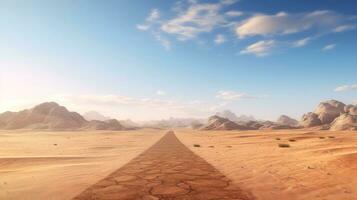 désert paysage avec le sable route, une longue tout droit saleté route disparaît dans le loin, dessin animé style, génératif ai illustration photo