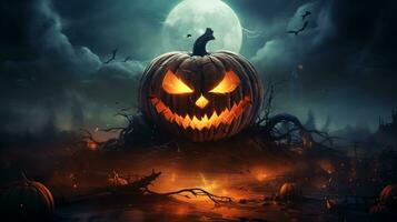 sombre Halloween Contexte avec effrayant citrouilles, effrayant Halloween hanté manoir. photo