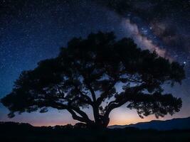 une majestueux arbre silhouette contre une toile de fond de le vaste nuit ciel rempli avec étoiles ai généré photo