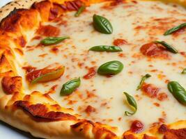 une Pizza avec fromage et pepperoni sur une en bois planche ai généré photo