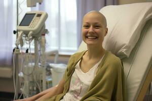 photo de cancer patient est souriant dans le traitement chambre. génératif ai