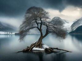 une seul arbre des stands sur le rive de une Lac avec montagnes dans le Contexte ai généré photo