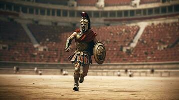 génératif ai, réaliste illustration de une féroce gladiateur attaquer, en cours d'exécution. blindé romain gladiateur dans combat maniant une épée mise en charge vers le sien ennemi. photo