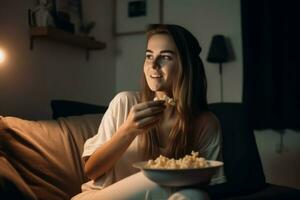 femme en mangeant pop corn aliments. produire ai photo