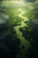 génératif ai, scénique vert collines dans le des nuages, magnifique la nature paysage aérien panorama, montagnes, aérien la photographie photo