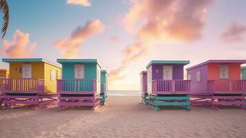 génératif ai, Miami plage cabanes, été ambiance rétro illustration. ancien rose et bleu couleurs, bâtiments, Californie palmiers, Années 80 style photo