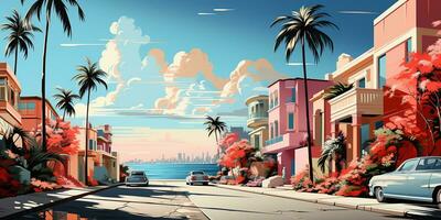 génératif ai, Miami été ambiance rétro plat matisse illustration. ancien rose et bleu couleurs, bâtiments, Californie palmiers, Années 80 style photo