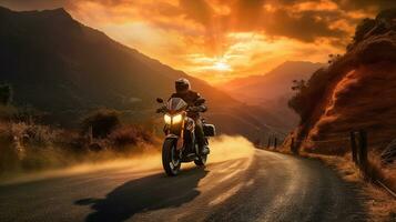 génératif ai, moto cavalier sur rue équitation, le coucher du soleil ciel, ayant amusement conduite le vide Autoroute sur une moto tour périple photo