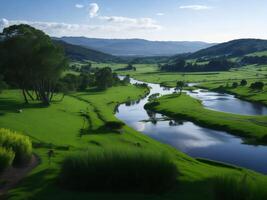 une rivière court par une luxuriant vert vallée ai généré photo