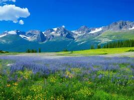 le Prairie de fleurs et montagnes ai généré photo