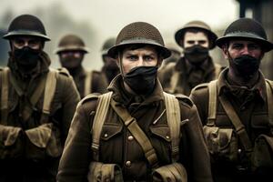 membres de rouge étoile histoire club porter historique allemand uniformes pendant historique reconstitution de la Seconde Guerre mondiale, Ukraine, uni dans leur résistance et bravoure comme elles ou ils affronter le le chaos de guerre, ai généré photo