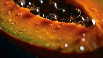 génératif ai, macro Frais moitié de Papaye fruit Contexte. tropical exotique fermer photo avec gouttes