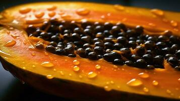 génératif ai, macro Frais moitié de Papaye fruit Contexte. tropical exotique fermer photo avec gouttes