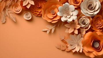 génératif ai, papier Couper artisanat fleurs et feuilles, abricot écraser Orange couleur, origami texturé arrière-plan, printemps ambiance. floral Cadre mise en page.. photo