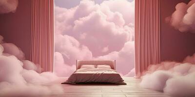 génératif ai, rose magenta fantastique 3d des nuages dans le pièce intérieur, ciel et paysage. doux couleurs et avec brillant lumières. photo