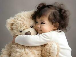 mignonne peu fille et sa jouet nounours ours. amitié, meilleur ami concept. photo