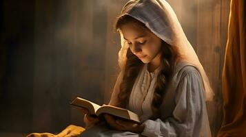 Jeune fille lis Bible livre. ai généré photo