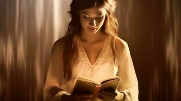 jolie Jeune femme en train de lire Bible livre. culte à maison. ai généré photo