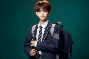 asiatique étudiant garçon avec sac à dos. concept de retour à école. ai généré photo
