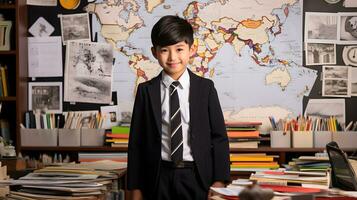 asiatique étudiant garçon avec costume manteau. concept de retour à école. ai généré photo