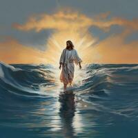 Jésus Christ en marchant sur l'eau pendant orage à le coucher du soleil. ai généré photo