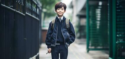 asiatique étudiant garçon avec sac à dos. concept de retour à école. ai généré photo