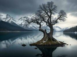 une seul arbre des stands sur le rive de une Lac avec montagnes dans le Contexte ai généré photo