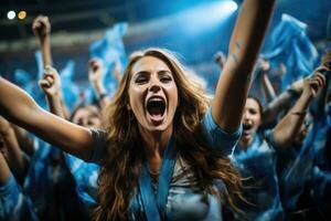 une femme dans une bondé stade entouré par applaudissement Ventilateurs ai généré photo