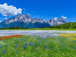 le Prairie de fleurs et montagnes ai généré photo