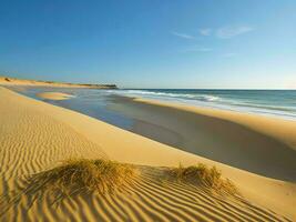 le le sable dunes et herbe sur le plage ai généré photo