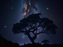 une majestueux arbre silhouette contre une toile de fond de le vaste nuit ciel rempli avec étoiles ai généré photo