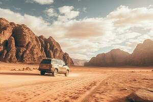 génératif ai, de route voiture conduite sur une enroulement Montagne désert route, entouré par Stupéfiant vues de le robuste terrain photo