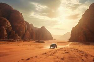 génératif ai, de route voiture conduite sur une enroulement Montagne désert route, entouré par Stupéfiant vues de le robuste terrain photo