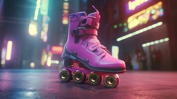 génératif ai, rouleau patin dans cyberpunk style, disco nostalgique années 80, années 90. néon nuit lumières vibrant couleurs, photoréaliste horizontal illustration de le futuriste ville. sport activité concept.. photo