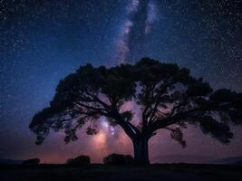 une majestueux arbre silhouette contre une toile de fond de le vaste nuit ciel rempli avec étoiles ai généré photo