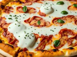 une Pizza avec fromage et pepperoni sur une en bois planche ai généré photo