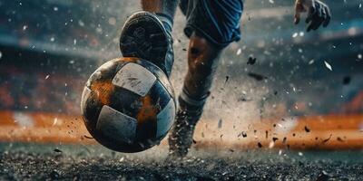 génératif ai, Football démarrage coups de pied une football balle, objectif moment sur le stade photo