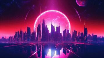 génératif ai, synthwave style de une futuriste ville, paysage urbain avec néon lumières et ciel, rouge et violet couleurs photo