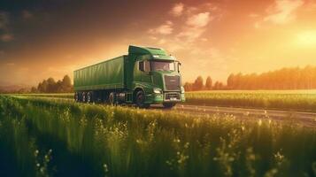 génératif ai, vert un camion conduite sur le asphalte route dans rural paysage à le coucher du soleil. photo