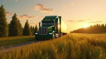 génératif ai, vert un camion conduite sur le asphalte route dans rural paysage à le coucher du soleil. photo