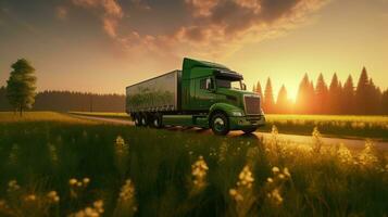 génératif ai, vert un camion conduite sur le asphalte route dans rural paysage à le coucher du soleil. photo