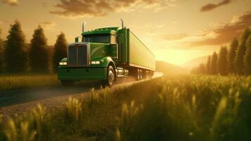 génératif ai, vert un camion conduite sur le asphalte route dans rural paysage à le coucher du soleil. photo