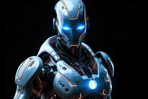 humanoïde cyborg artificiel intelligence ai robot illuminé par embrasé lumières sur noir Contexte. artificiel intelligence concept. ai généré photo