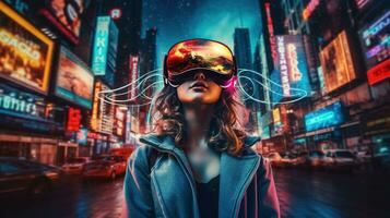 génératif ai, magnifique femme dans vr des lunettes dans néon espace rue, virtuel réalité casque dans cyberespace photo