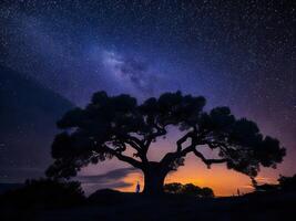 une majestueux arbre silhouette contre une toile de fond de le vaste nuit ciel rempli avec étoiles ai généré photo