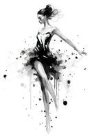 génératif ai, magnifique dansant femme tiré par noir encre ou aquarelle. main peindre noir et blanc mode esquisser. photo