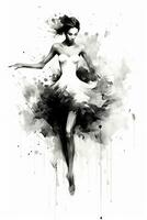 génératif ai, magnifique dansant femme tiré par noir encre ou aquarelle. main peindre noir et blanc mode esquisser. photo