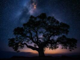 une majestueux arbre silhouette contre une toile de fond de le vaste nuit ciel rempli avec étoiles ai généré photo