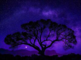 une majestueux arbre silhouette contre une toile de fond de le vaste nuit ciel rempli avec étoiles ai généré photo