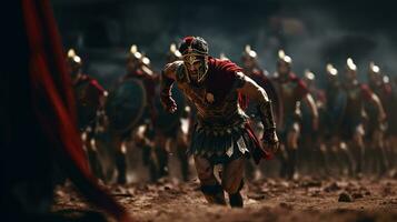 génératif ai, réaliste illustration de une féroce gladiateur attaquer, en cours d'exécution. blindé romain gladiateur dans combat maniant une épée mise en charge vers le sien ennemi. photo